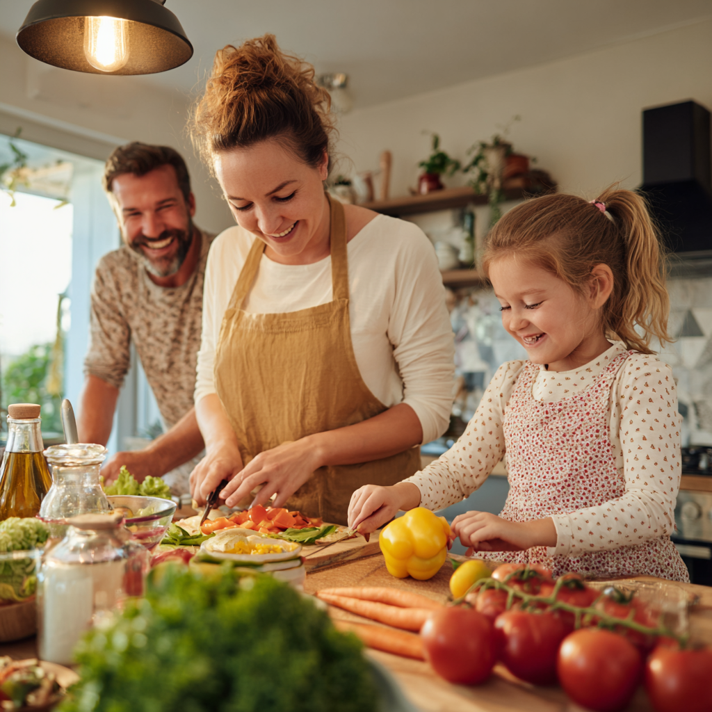 Smiling Polish family preparing healthy meal together in modern kitchen